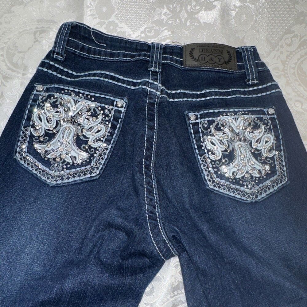 H & Y Women's Blue Embellished Stretch Flare Jeans Size 1/2